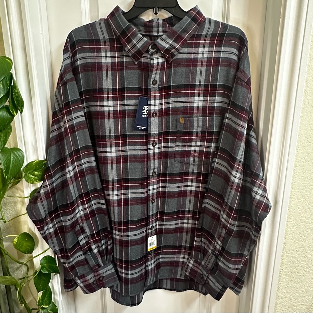 NWT- Men's Izod Plaid Cotton Blend Flannel Shirt in Gray, Maroon & Wht Sz 4XL